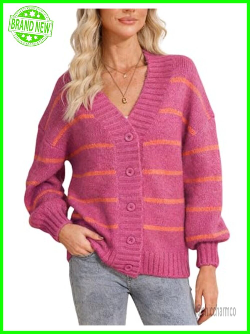 Women's Striped Knit Cardigan Oversized V-Neck Button Down Long Sleeve